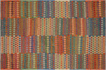 Flat Weave Kilim, Antique, Navaho, Vintage, Handmade, Modern Kilim Blue Rust Hand-Woven Rectangle 100% Wool Area Rug 8 x 12
